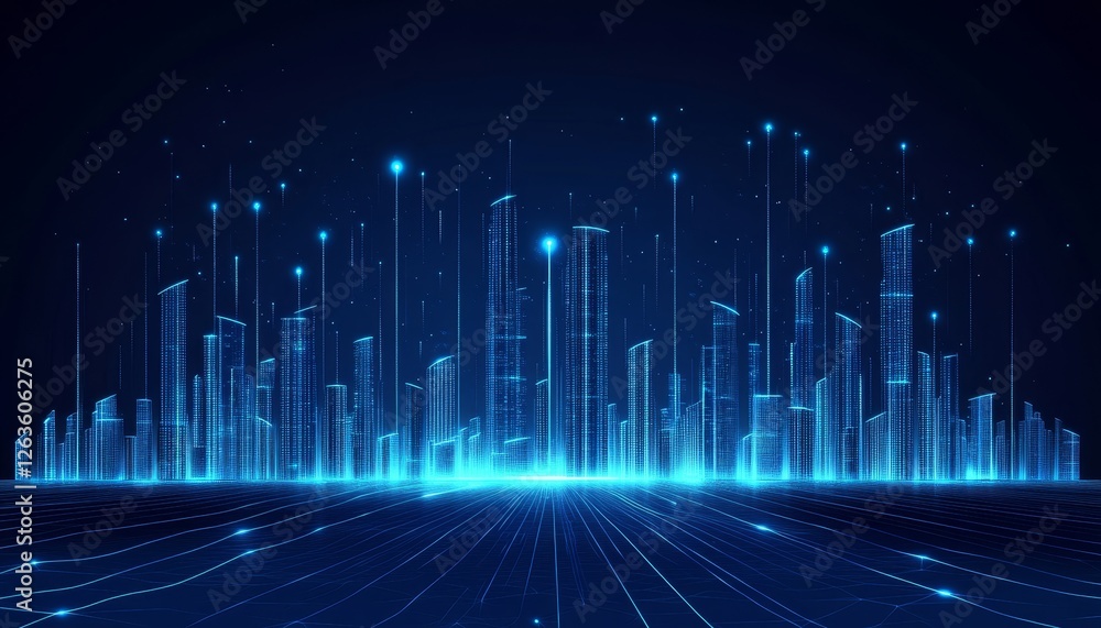 Poster dynamic urban landscape with network of luminous connection points. vector rendering in blue tones