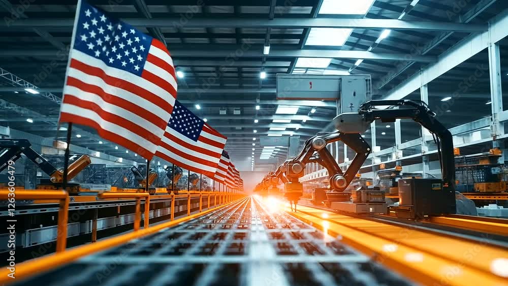 Poster a high-tech factory floor illuminated by bright led lights, featuring modern cnc machines and ai-pow