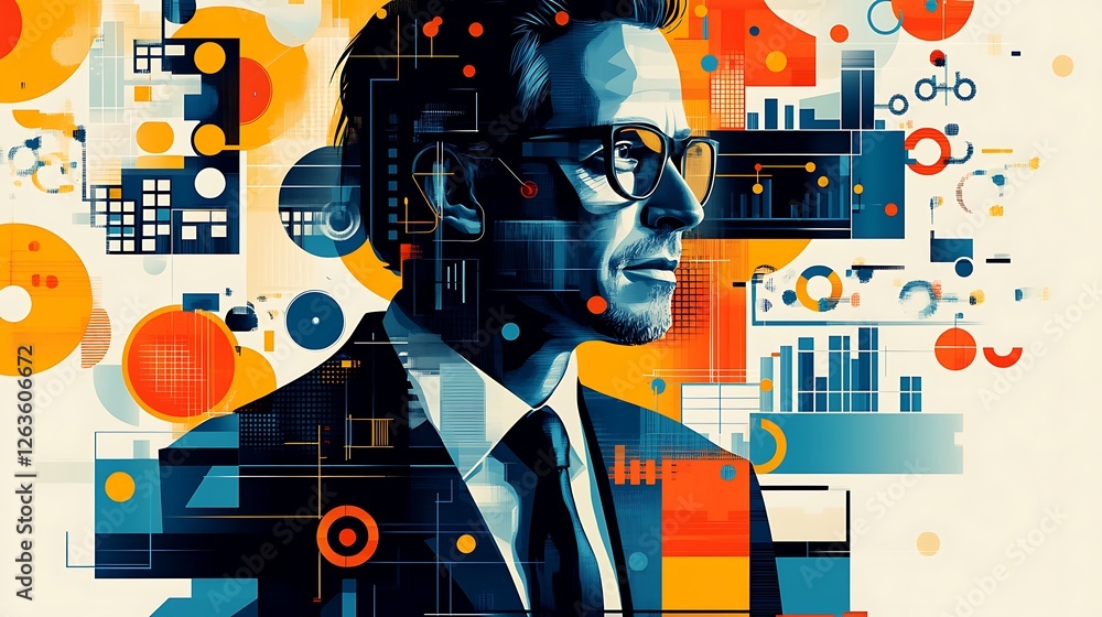 Poster abstract portrait of a businessman integrated with geometric shapes and data visualizations, symboli