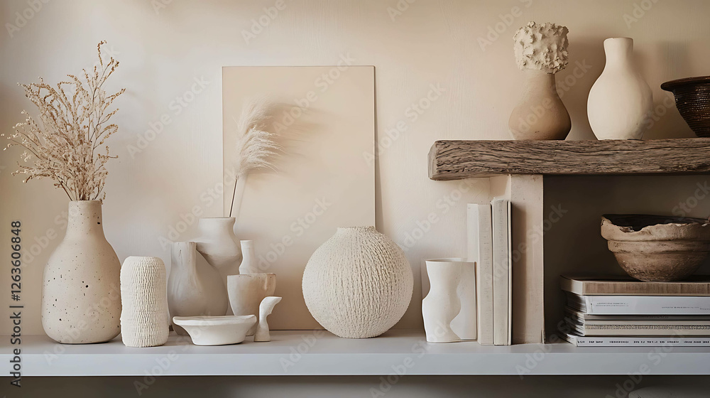 Wall mural A clean and neutral-toned set of home decor items on a shelf.