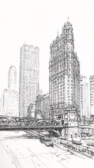 Architectural Sketch of a City Bridge with Perspective Depth, Featuring Structural Details and Urban Design in a Loose Artistic Drawing Style