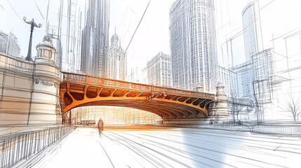 Obraz premium Architectural Sketch of a City Bridge with Perspective Depth, Featuring Structural Details and Urban Design in a Loose Artistic Drawing Style