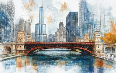 Fototapeta premium Architectural Sketch of a City Bridge with Perspective Depth, Featuring Structural Details and Urban Design in a Loose Artistic Drawing Style