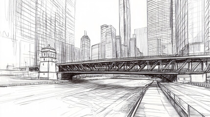 Fototapeta premium Architectural Sketch of a City Bridge with Perspective Depth, Featuring Structural Details and Urban Design in a Loose Artistic Drawing Style