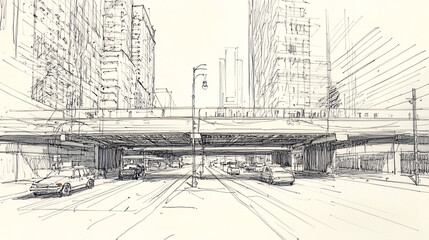 Fototapeta premium Architectural Sketch of a City Bridge with Perspective Depth, Featuring Structural Details and Urban Design in a Loose Artistic Drawing Style