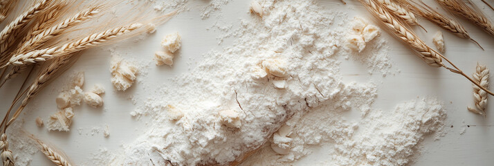 A food frame of bread, wheat stalks, and flour on a white wooden background, with an open center for text.
