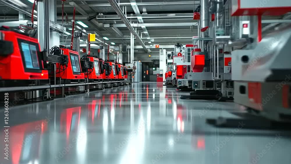 Poster a modern electronics manufacturing plant, where a sleek row of red devices moves through automated t