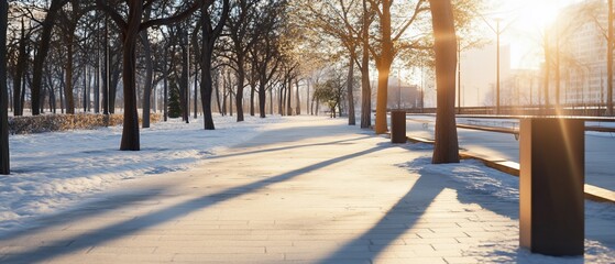 Obraz premium Snowy park path sunrise, city background, winter walk