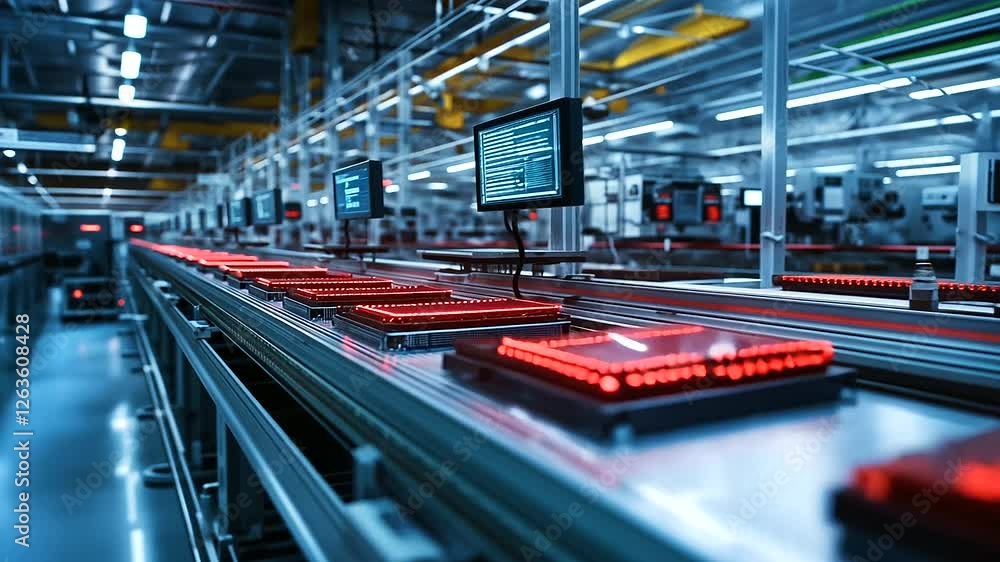 Aufkleber a modern electronics manufacturing plant, where a sleek row of red devices moves through automated t