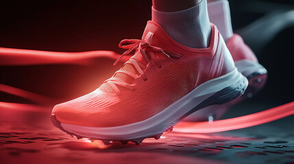 Close-up of a stylish, vibrant red athletic shoe, emphasizing its design and suitability for sports or active wear. Modern footwear fashion.