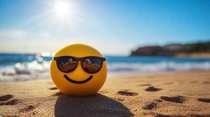 Beach Vibes: Sunny face wearing sunglasses enjoys a day at the beach, waves gently crashing in the background, creating a serene vacation scene.