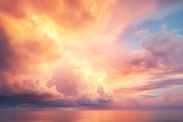 Fototapeta premium Shimmering clouds above a serene ocean at sunset create a breathtaking gradient sky