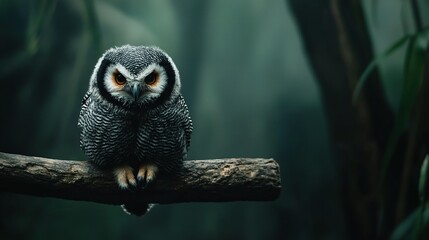  An owl perched on a tree branch in a lush forest, surrounded by green foliage and towering trees The orange-eyed owl gazes int