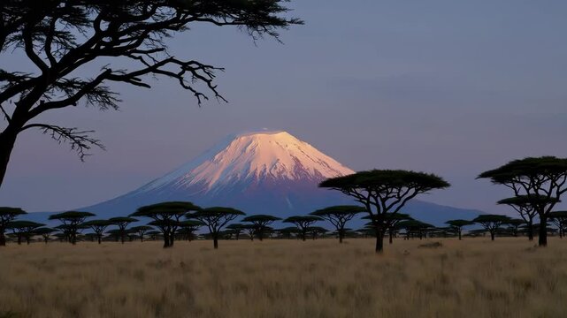 Majestic african landscape at sunset with mount kilimanjaro and silhouetted acacia trees