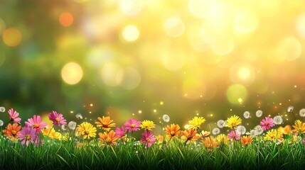 Fototapeta premium Bright Summer Meadow Wildflowers, Daisies, and Dandelions in Full Bloom Under the Sun