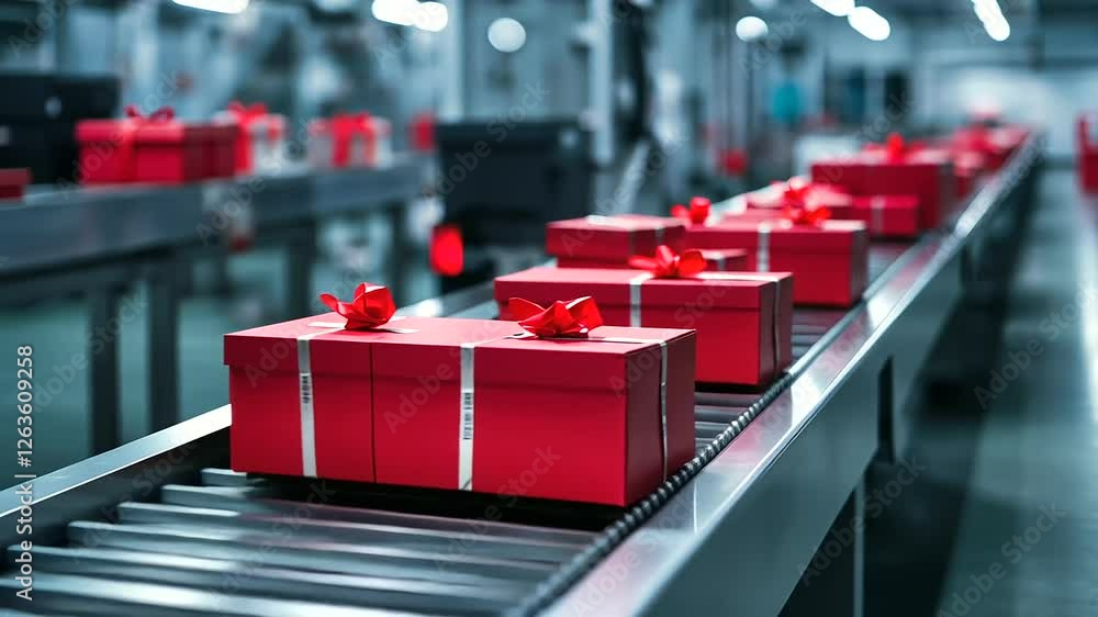Aufkleber a large-scale packaging plant, where red product boxes are swiftly folded, filled, and sealed by syn