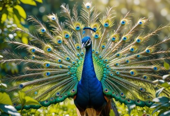 Obraz premium A vibrant peacock displaying its colorful feathers in a lush garden, with sunlight highlighting the iridescent blues and greens of its plumage, creating a stunning and elegant scene, Generative AI
