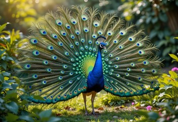 Obraz premium A vibrant peacock displaying its colorful feathers in a lush garden, with sunlight highlighting the iridescent blues and greens of its plumage, creating a stunning and elegant scene, Generative AI