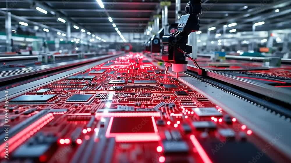 Aufkleber a mass production electronics factory, where thousands of red circuit boards move down an assembly l