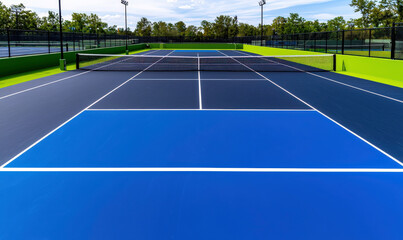 Vibrant Outdoor Tennis Courts with Fresh Paint, Clear Sky, and Lush Green Surroundings, Perfect for Recreational Sports and Competitive Matches