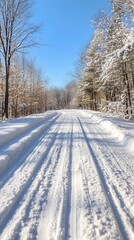 Obraz premium Snowy road through winter woods, sunny day. Winter travel