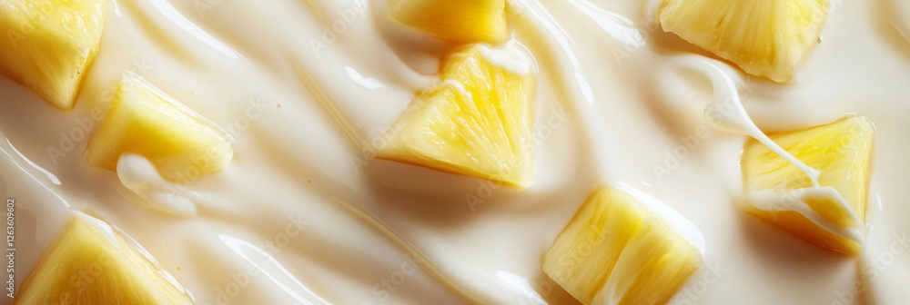 Poster fresh almond milk and pineapple chunks create splash-like ripples for a refreshing look