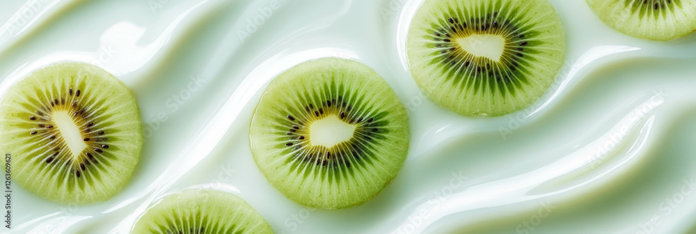 Poster sliced kiwi floating on smooth almond milk creating gentle ripples in a calm setting