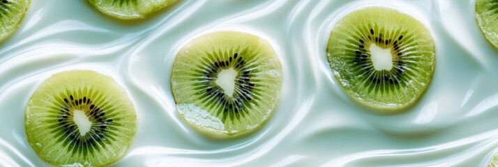 Fototapeta premium Gentle ripples formed by almond milk and sliced kiwi creating a refreshing display