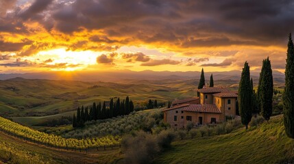 Naklejka premium Sunset Panorama over Rolling Italian Countryside