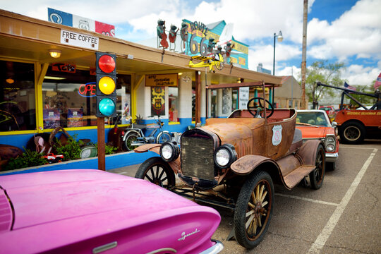 SELIGMAN, ARIZONA, USA - MAY 1, 2016 : Colorful retro U.S. Route 66 decorations in Seligman Historic District