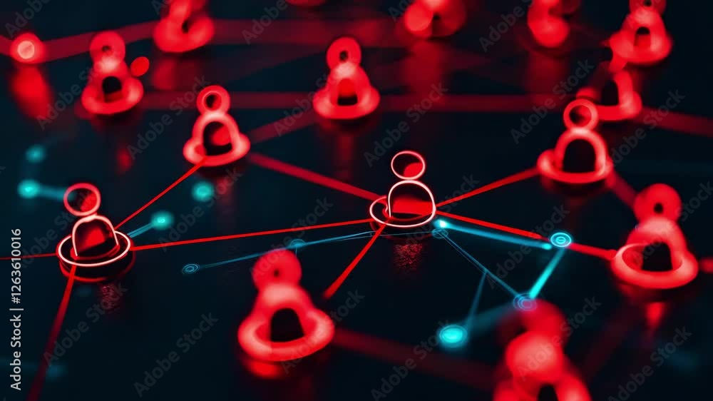 Poster intricate web of digital connections illustrated through glowing red nodes interconnected by lines, 