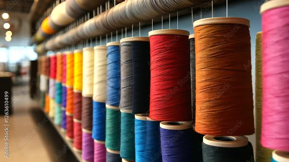 Poster a modern textile production facility, where neatly arranged spools of colorful thread feed into auto