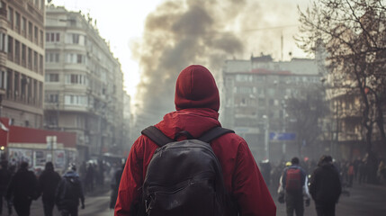 Fototapeta premium Facing the unknown: A solitary figure in a red hooded jacket confronts billowing smoke amidst an urban landscape of buildings and a crowd of anonymous people.