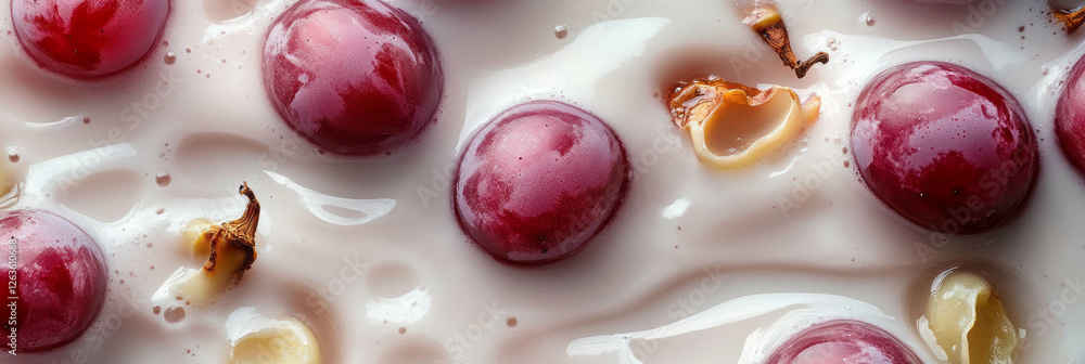 Poster cashew milk ripples with halved grapes creating a delicate and refreshing background display