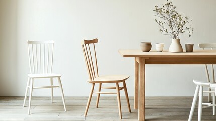   A wooden table with two white chairs and a vase containing a flower rests atop the wooden table