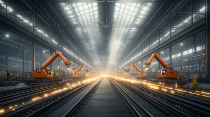 Obraz premium Futuristic Industrial Warehouse with Robotic Arms and Bright Lights