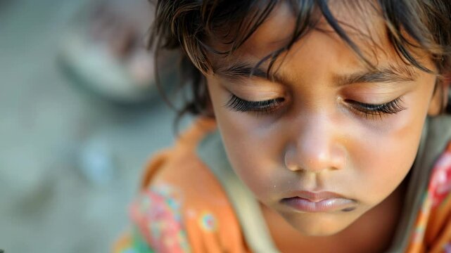 Hungry, starving, poor little child looking at the camera	

