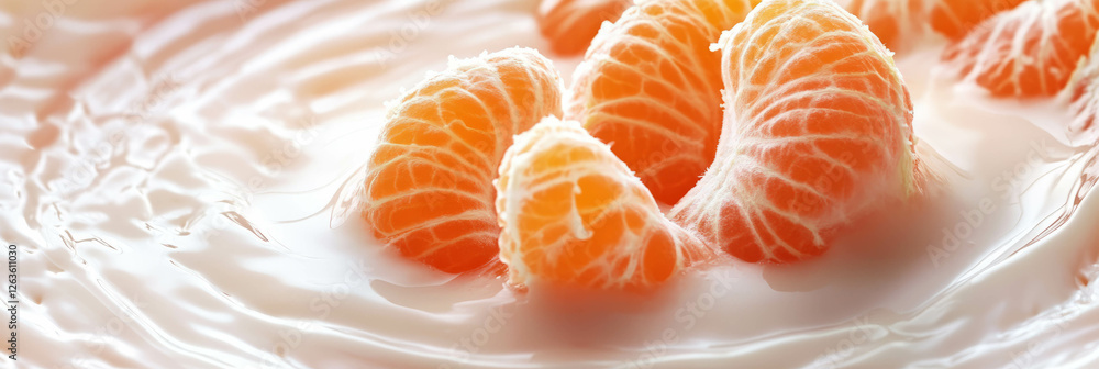Poster coconut milk and tangerine segments create ripples in a tranquil setting
