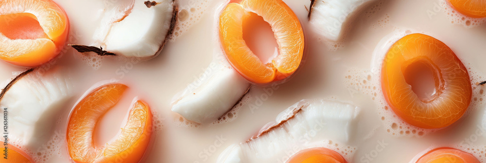 Poster soft diffused ripples of coconut milk with apricot halves creating a serene backdrop