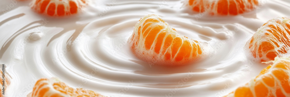 Poster coconut milk and tangerine segments create ripples in a serene background setting