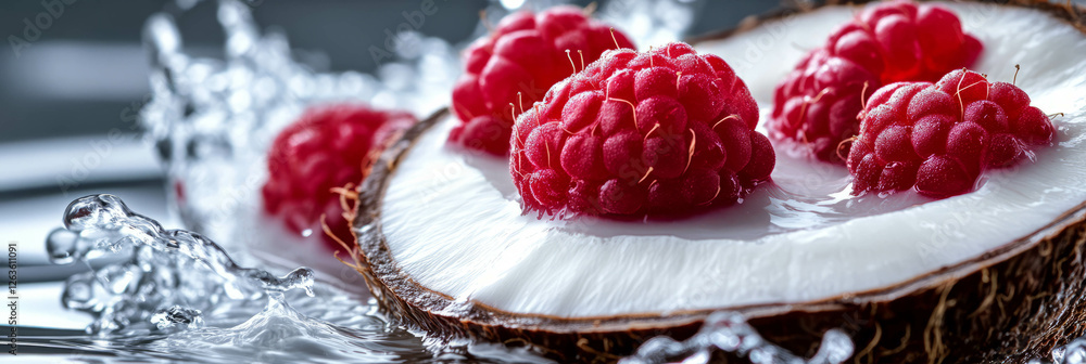 Aufkleber coconut milk splashes with raspberry halves creating vibrant foam in dynamic display