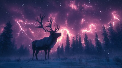 Lightning Crowned Deer at Night, 雷の角を持つ鹿と飛び交う雪の夜.Generative AI