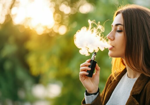 Woman vaping outdoors, exhaling a cloud of vapor in the sunlight