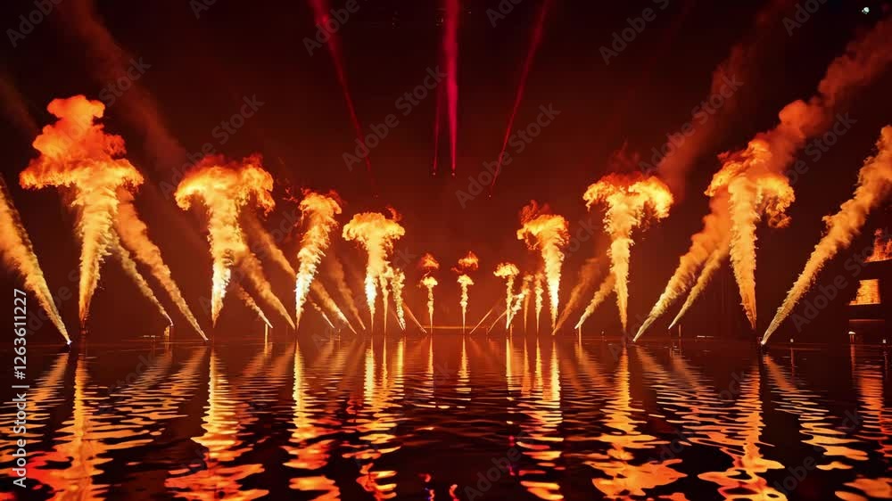 Poster spectacular flames shoot upward in a dazzling performance over calm water, creating mesmerizing refl