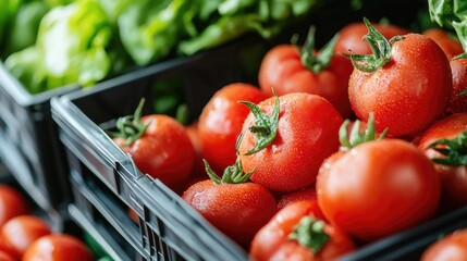 Fresh tomatoes in plastic crates at a market