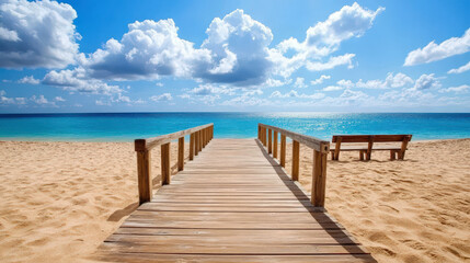 Naklejka premium Tranquil Beach Scene with Wooden Pier and Clear Blue Sea Under Dramatic Clouds and Bright Sunlight in a Serene Coastal Environment