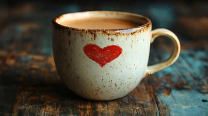 A coffee cup with a heart drawn on it sits on a wooden table