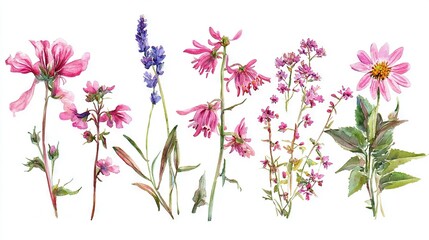 Naklejka premium A bouquet of vibrant wildflowers against a pristine white backdrop, featuring shades of pink, purple, and green