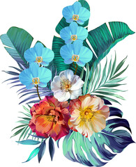 Bouquet of tropical flowers. Hibiscus, orchid, paradise flowers. exotic, tropical