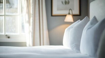 Naklejka premium A white bed with pillows in a spacious room featuring a window and lamp on the bedside